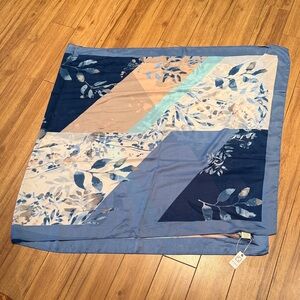 Wrapable Floral Blue and Beige Large Silk Like Scarf 6’x3’